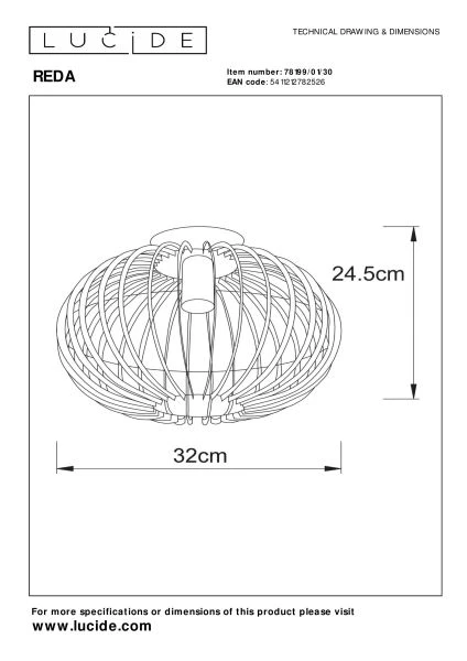 Lucide REDA - Deckenleuchte - Ø 32 cm - 1xE27 - Schwarz - TECHNISCH